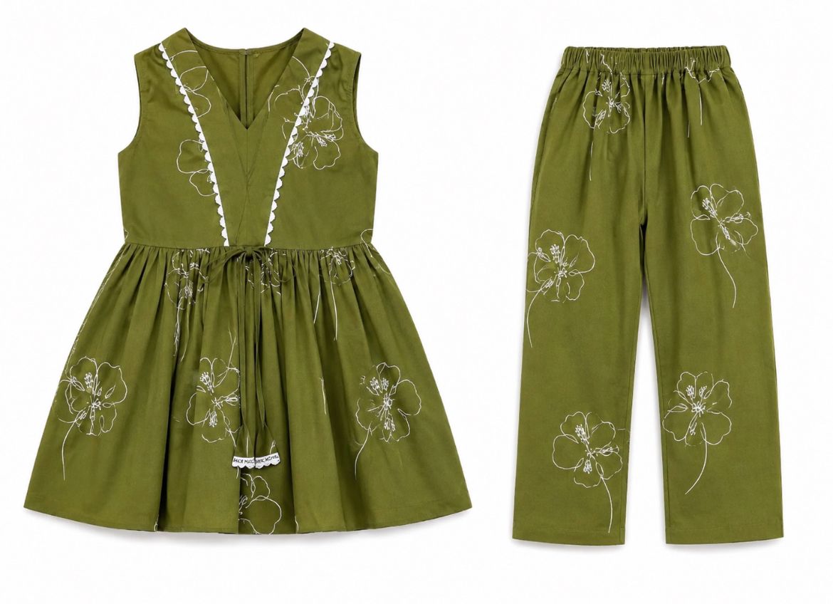 Olive Green Floral Dress Set